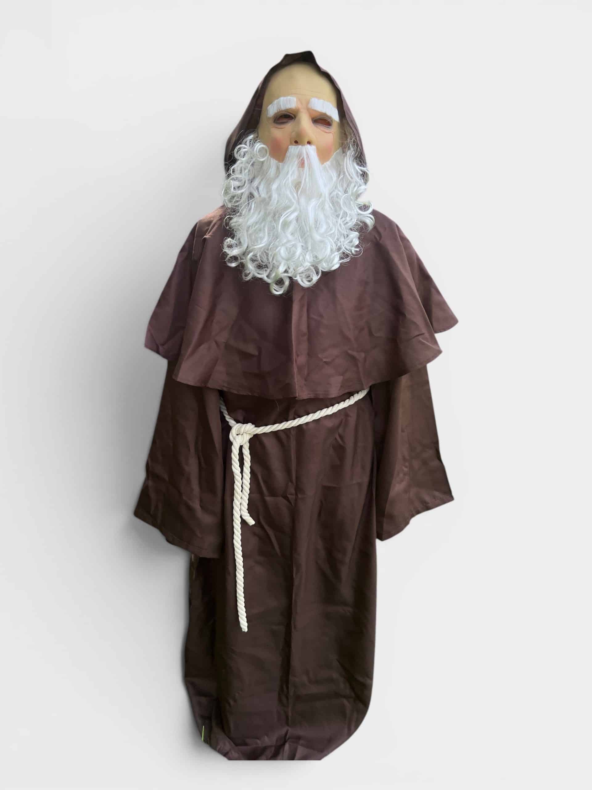 Déguisement de moine unisexe XXL avec robe marron, capuche et croix.