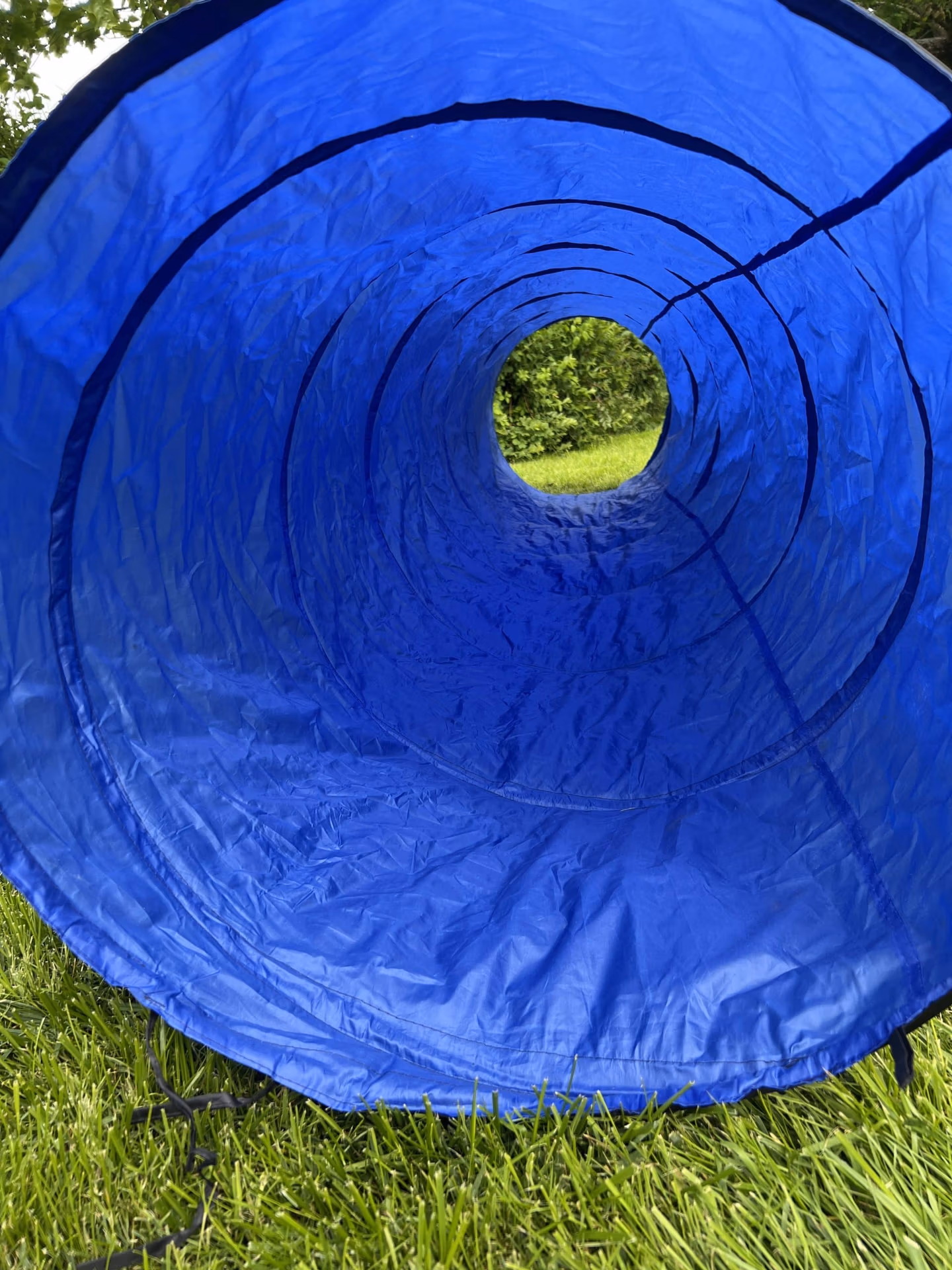 Tunnel de motricité bleu de 3 mètres pour parcours d'obstacles, vue de l'intérieur