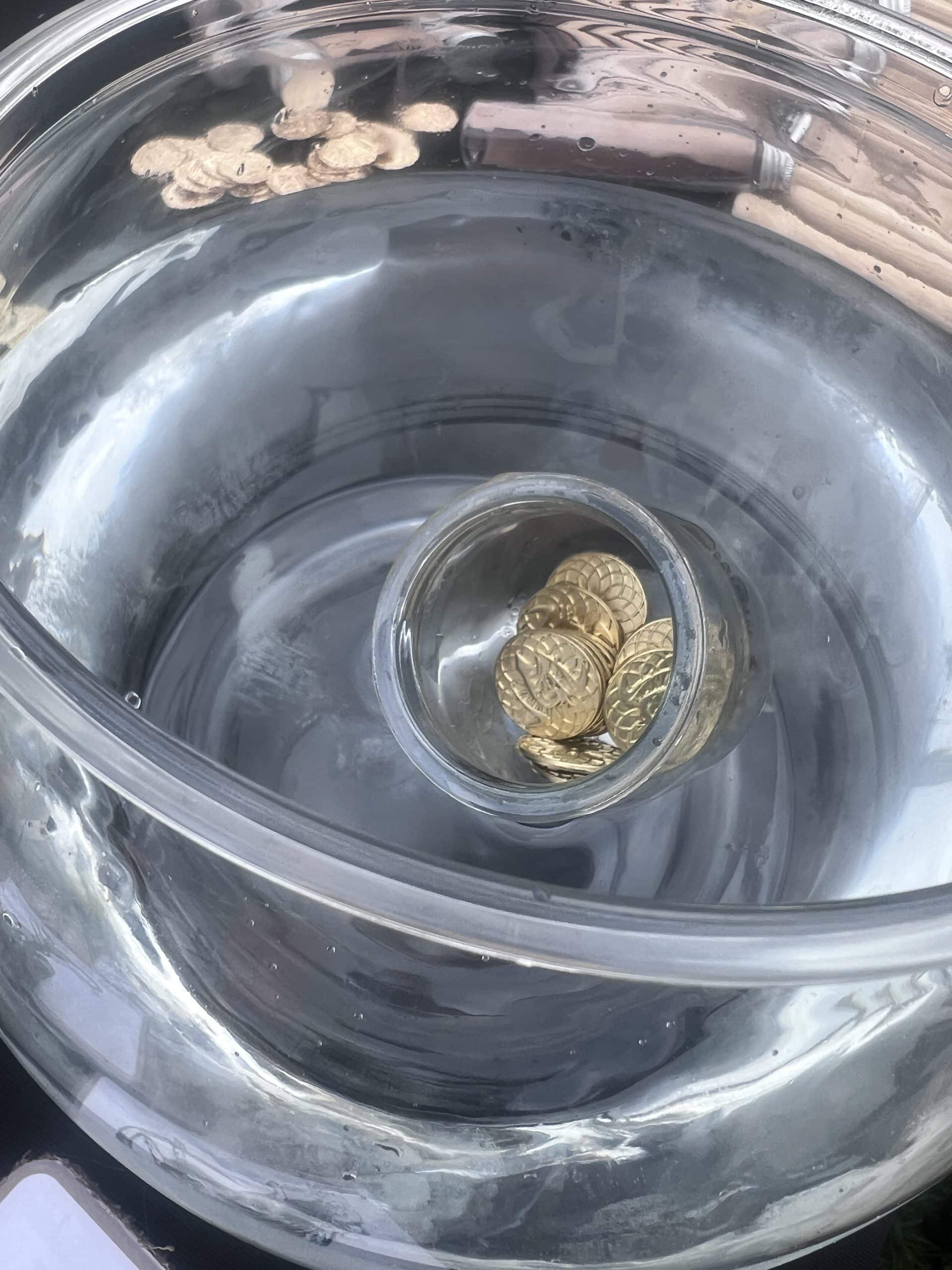 Aquarium avec contenant et pièces dorées bien visibles