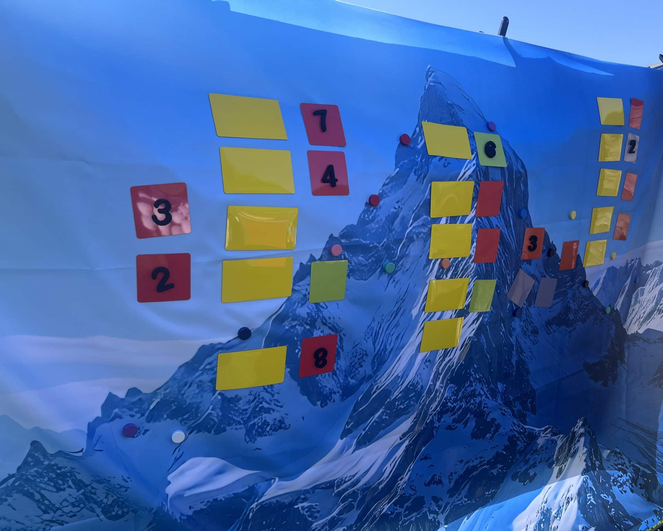 Vue de face de la toile tendue aimantée avec paysage de montagne d'hiver et post-it aimanté